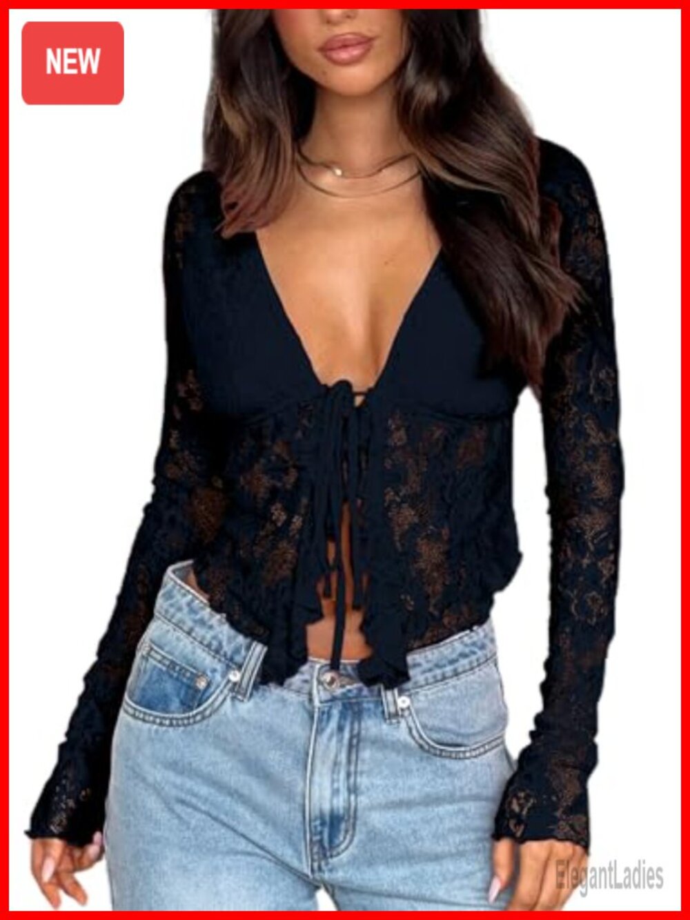 Women's Sheer Mesh Lace Cropped Top Long Sleeve Tie Front Ruffle Blouse